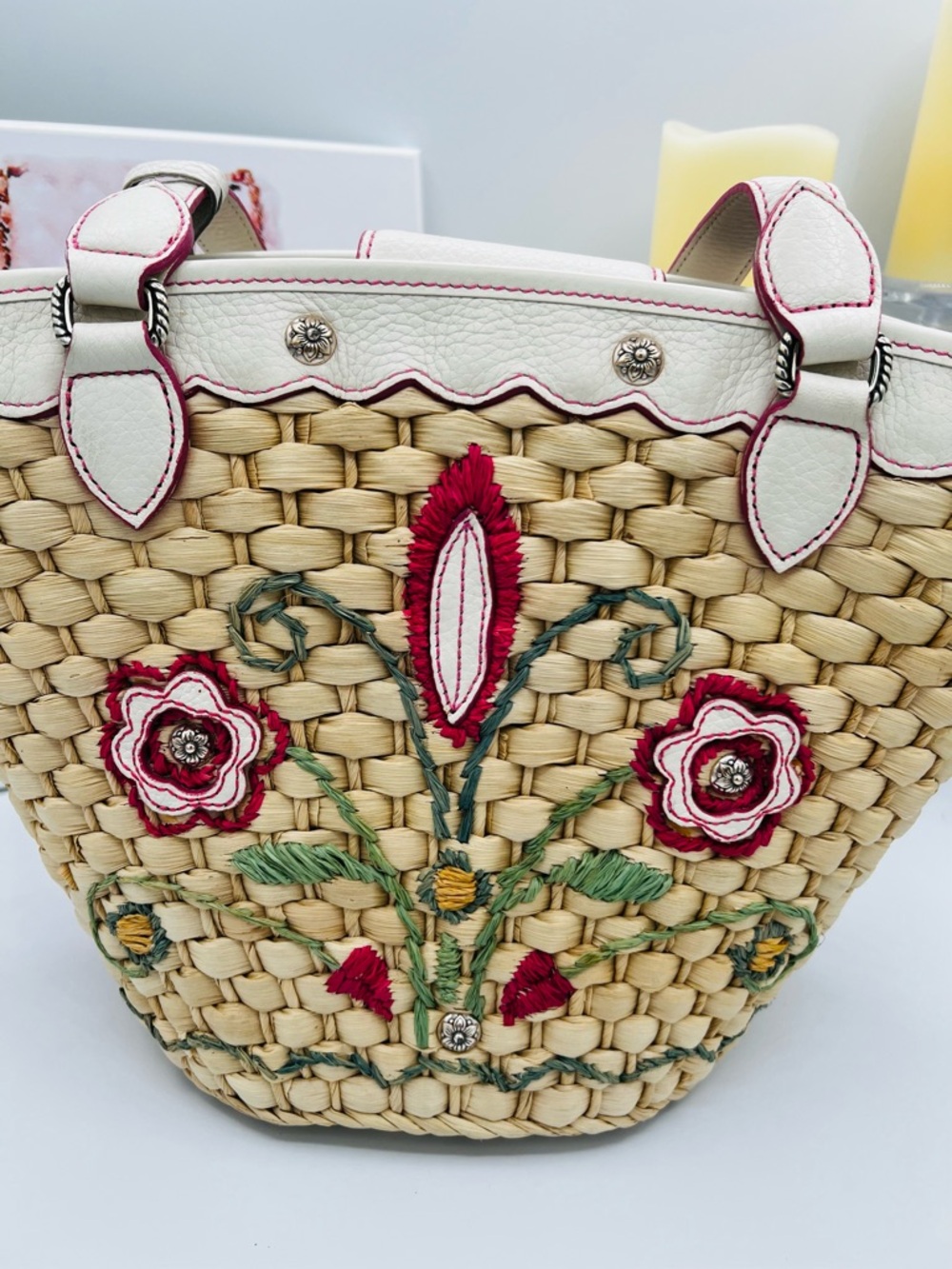 Brighton Straw Tote Floral Embroidery and White Trim - Picture 3 of 13